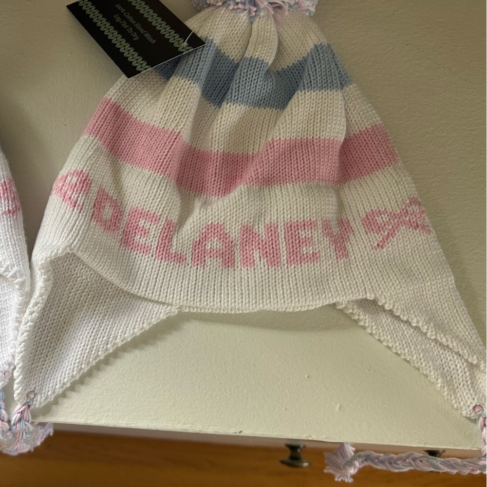 Striped Pink and Blue Kids Pom-Pom Hat